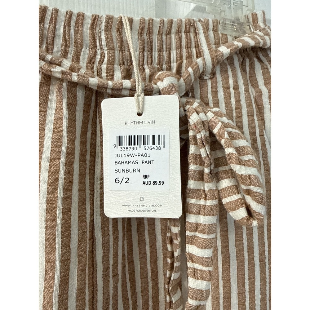 Rhythm Bahamas Pant Brown White Striped Linen Cotton Belted Size 2 NWT - Picture 6 of 6